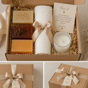 tres jabones artesanales con vela aromatica, carta personalizada y toalla