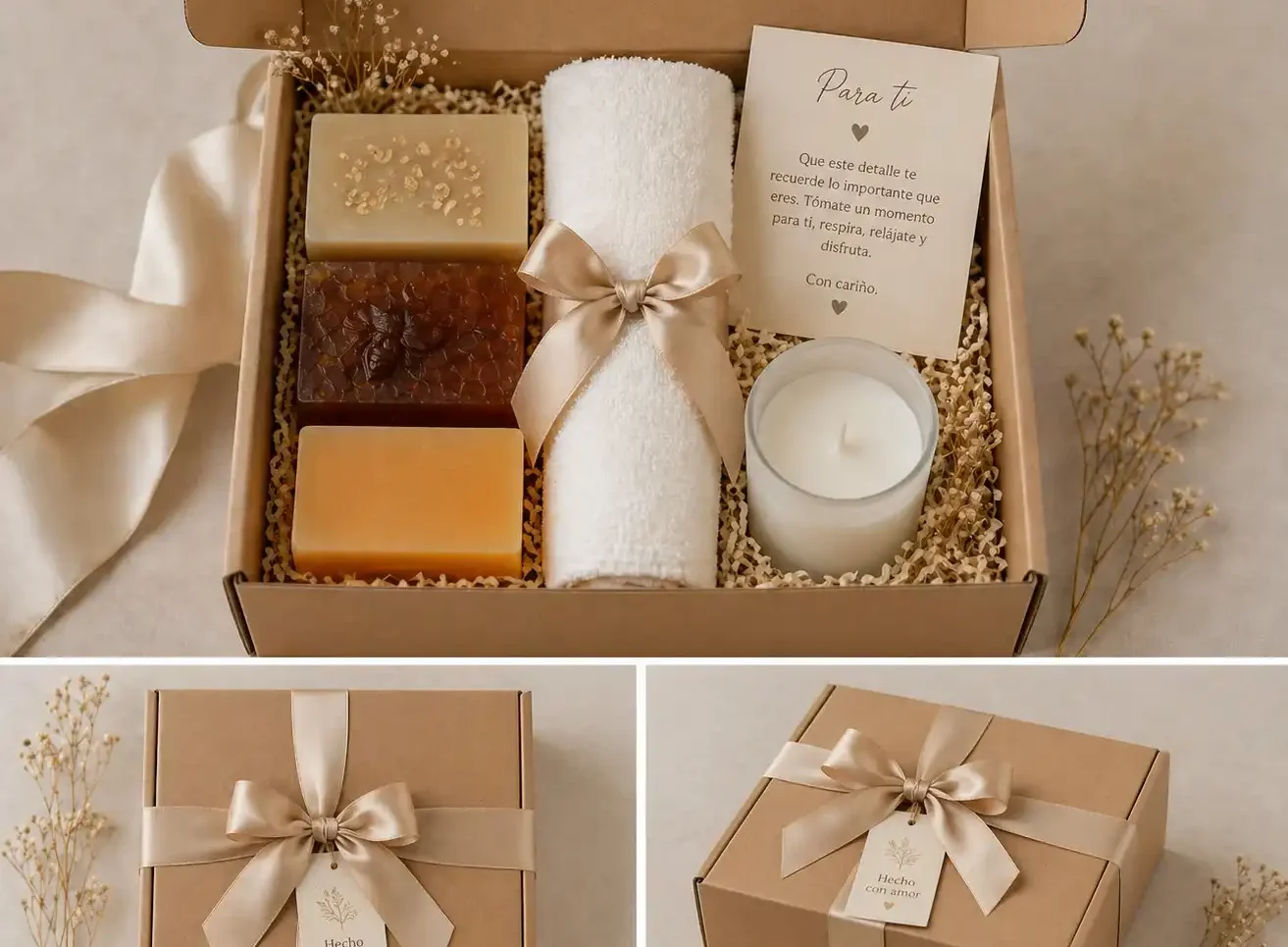 tres jabones artesanales con vela aromatica, carta personalizada y toalla